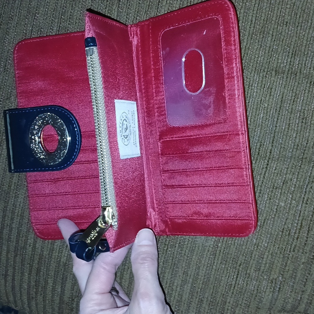 Spartina 449 Twist-Lock Burlap Fabric and Leather Wallet ■ Neutral with Red Trim - Picture 5 of 7